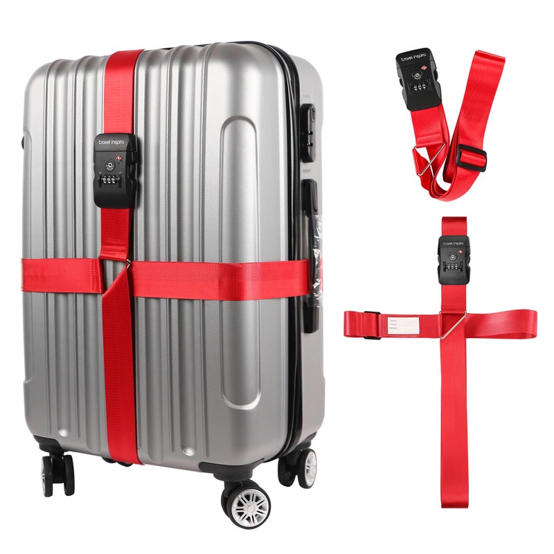 travel inspira Travel Inspira Luggage Straps TSA Approved Suitcase Belt Adjustable Length 3-Dial Combination Lock and Cross Luggage Suitcase Security - Red  - Image 1