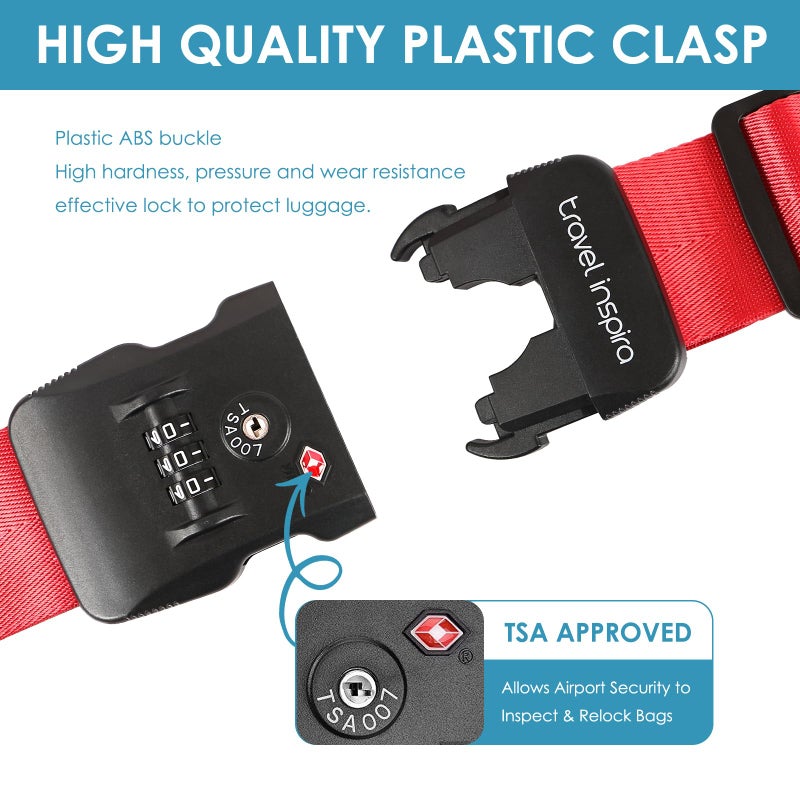 travel inspira Travel Inspira Luggage Straps TSA Approved Suitcase Belt Adjustable Length 3-Dial Combination Lock and Cross Luggage Suitcase Security - Red  - Image 4
