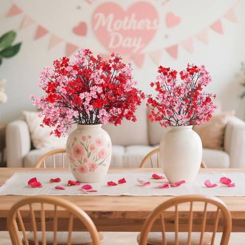 HIAGROW 8Pcs Babys Breath Fake Artificial Flowers, Real Touch Red Pink Mix and Match Plants Silk Flowers for Vase Home Office Wedding Indoor Outdoor Centerpiece Table Mother's Day Decoration - Image 3