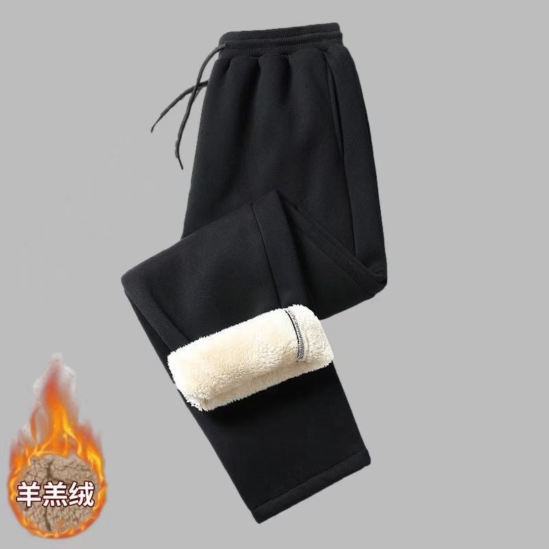 New Winter Mens Couple Casual Pants Fleece-Lined And Thickened Warm Loose-Fit Trendy Versatile Student Autumn/Winter Trousers Black sherpa straight pants