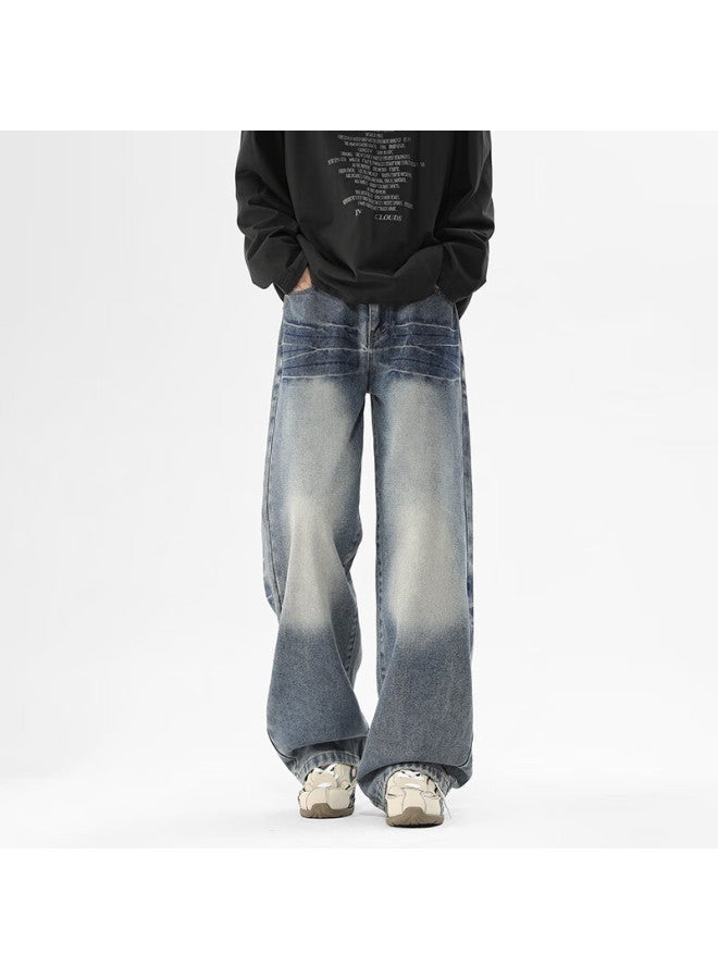 Dingfengbaoluo American-style Stone-washed Jeans For Men, Spring Vintage Lightning Pattern Loose Straight Casual Trousers Sd38 Vintage Blue 3XL - Image 5