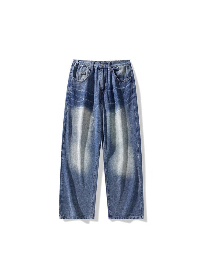 Dingfengbaoluo American-style Stone-washed Jeans For Men, Spring Vintage Lightning Pattern Loose Straight Casual Trousers Sd38 Vintage Blue 3XL - Image 3