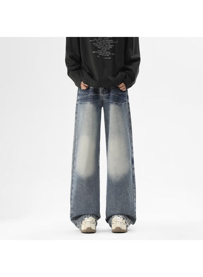 Dingfengbaoluo American-style Stone-washed Jeans For Men, Spring Vintage Lightning Pattern Loose Straight Casual Trousers Sd38 Vintage Blue 3XL - Image 1
