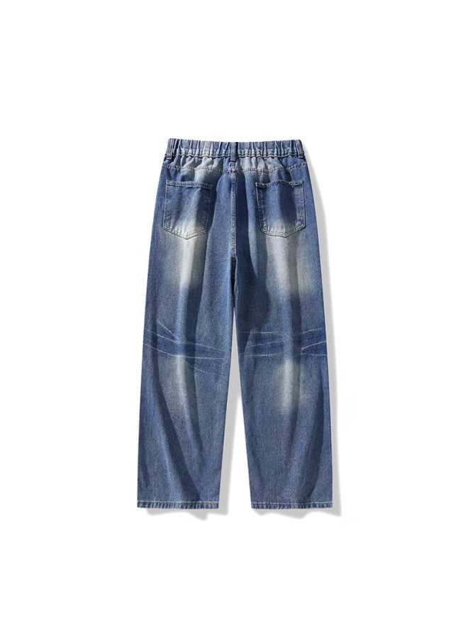 Dingfengbaoluo American-style Stone-washed Jeans For Men, Spring Vintage Lightning Pattern Loose Straight Casual Trousers Sd38 Vintage Blue 3XL - Image 4