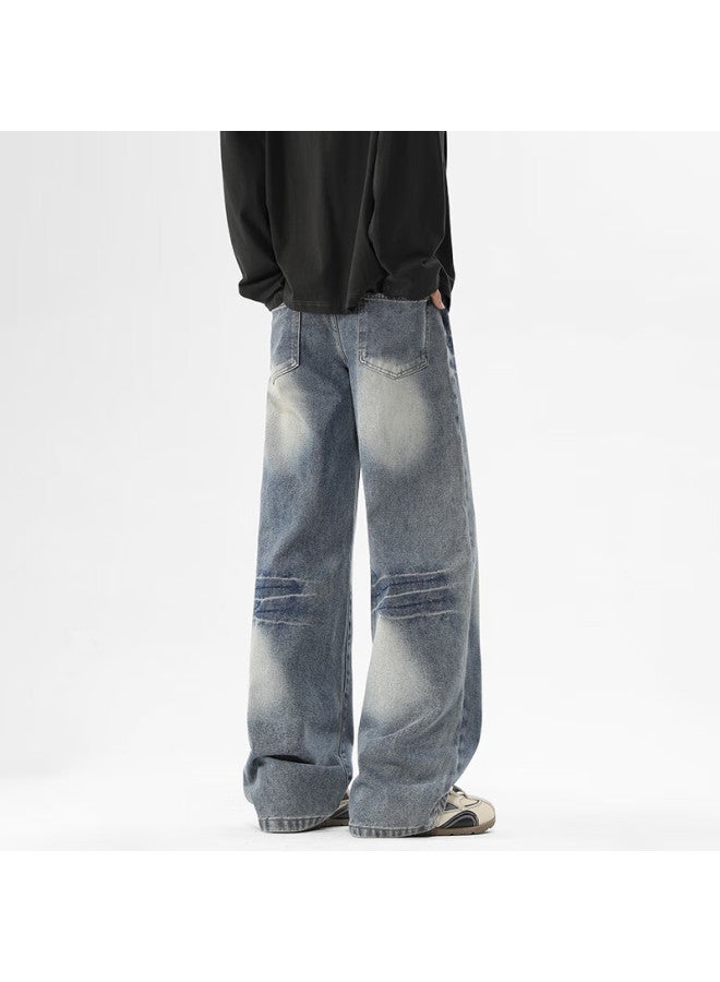 Dingfengbaoluo American-style Stone-washed Jeans For Men, Spring Vintage Lightning Pattern Loose Straight Casual Trousers Sd38 Vintage Blue 3XL - Image 2