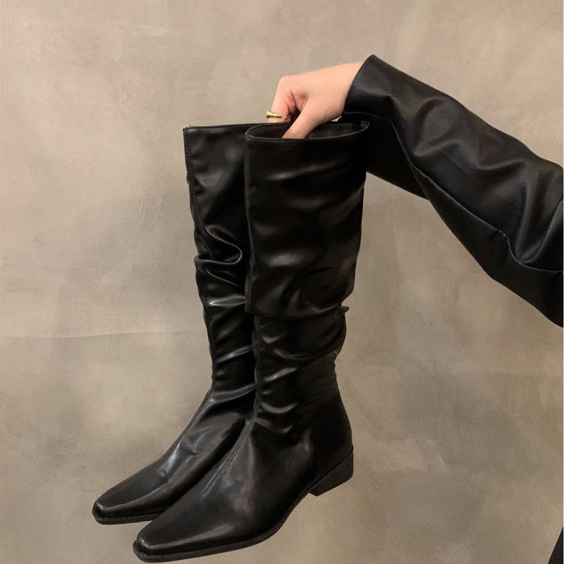 Women's square heel pleated pile boots 2023 new European and American fashionable elegant Western thin boots pointed sleeve boots - Image 2