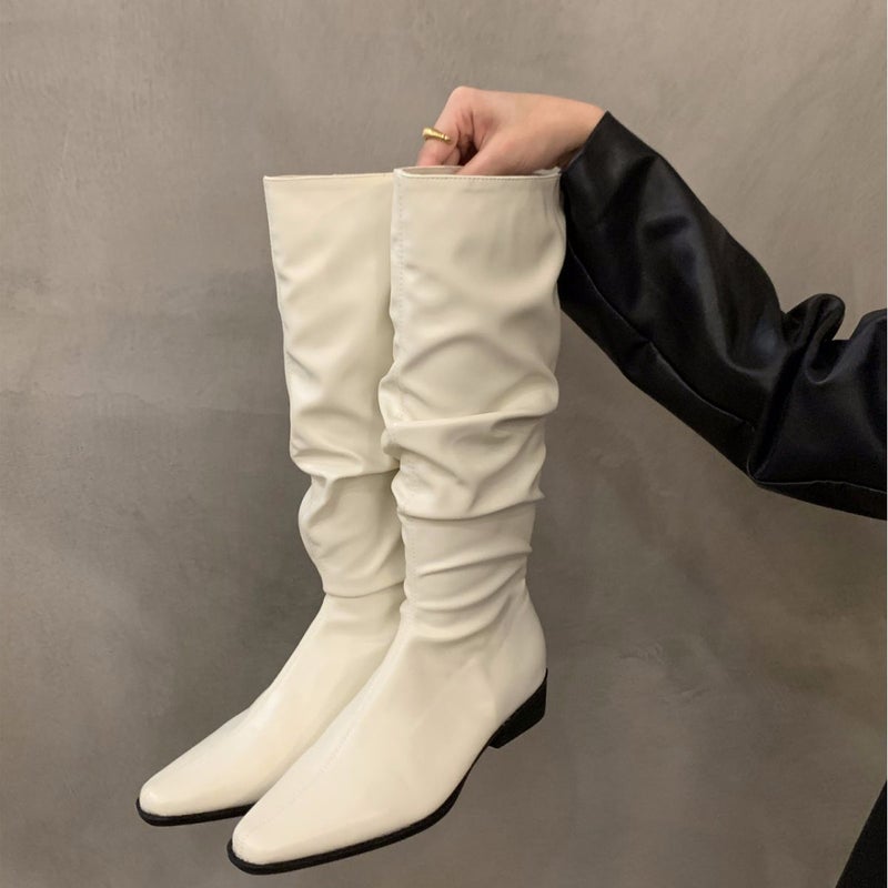 Women's square heel pleated pile boots 2023 new European and American fashionable elegant Western thin boots pointed sleeve boots - Image 4