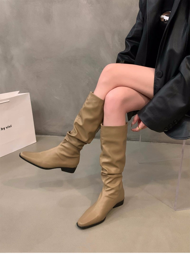 Women's square heel pleated pile boots 2023 new European and American fashionable elegant Western thin boots pointed sleeve boots - Image 1