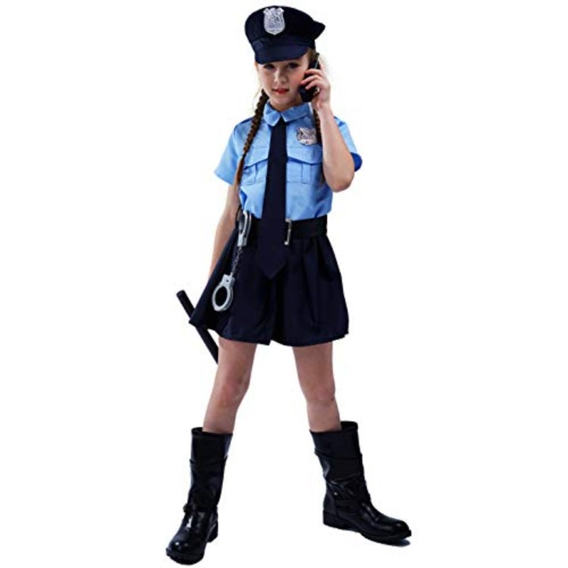 PGOND Police Officer Girls Uniform Party Costume For Dress-Up Cotton Blend Fabric Blue and Black Design Includes Hat, Jacket, Skirt, and Badge Accessory - Image 1