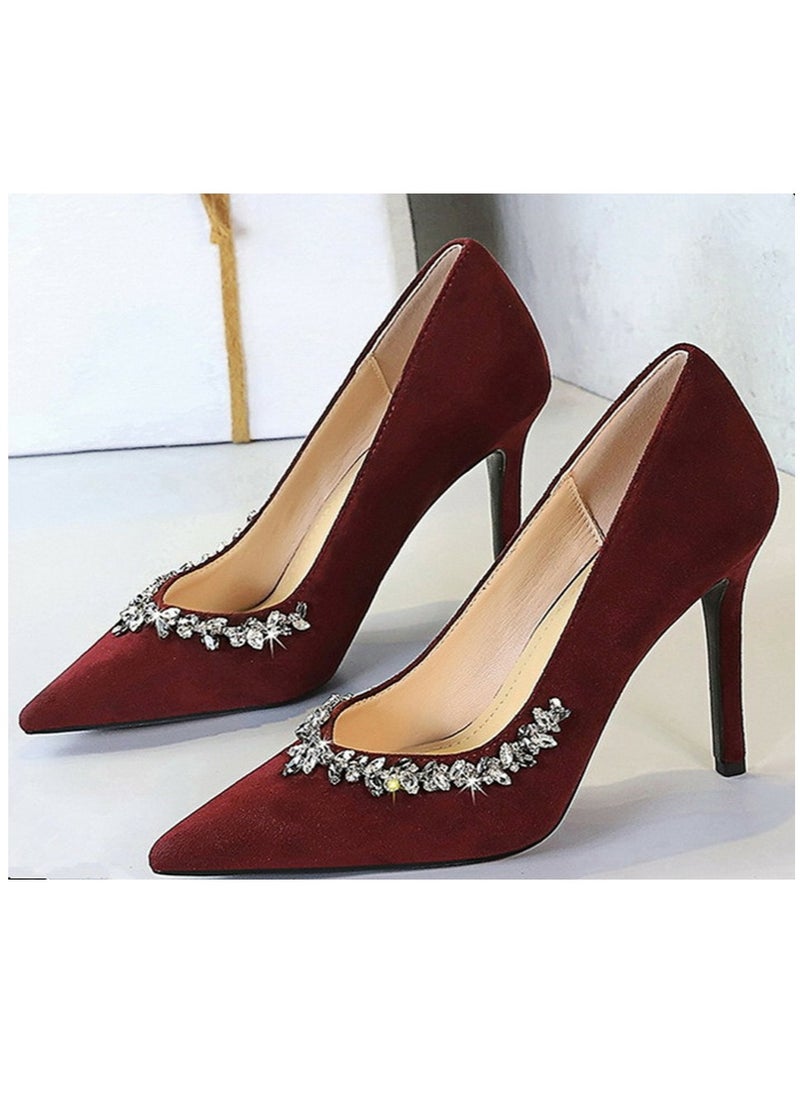 BIGTREE Women's Elegant Closed Pointed Toe High Heels Rhinestone Decoration  Stiletto Pumps Wine Red 10CM  - Image 1