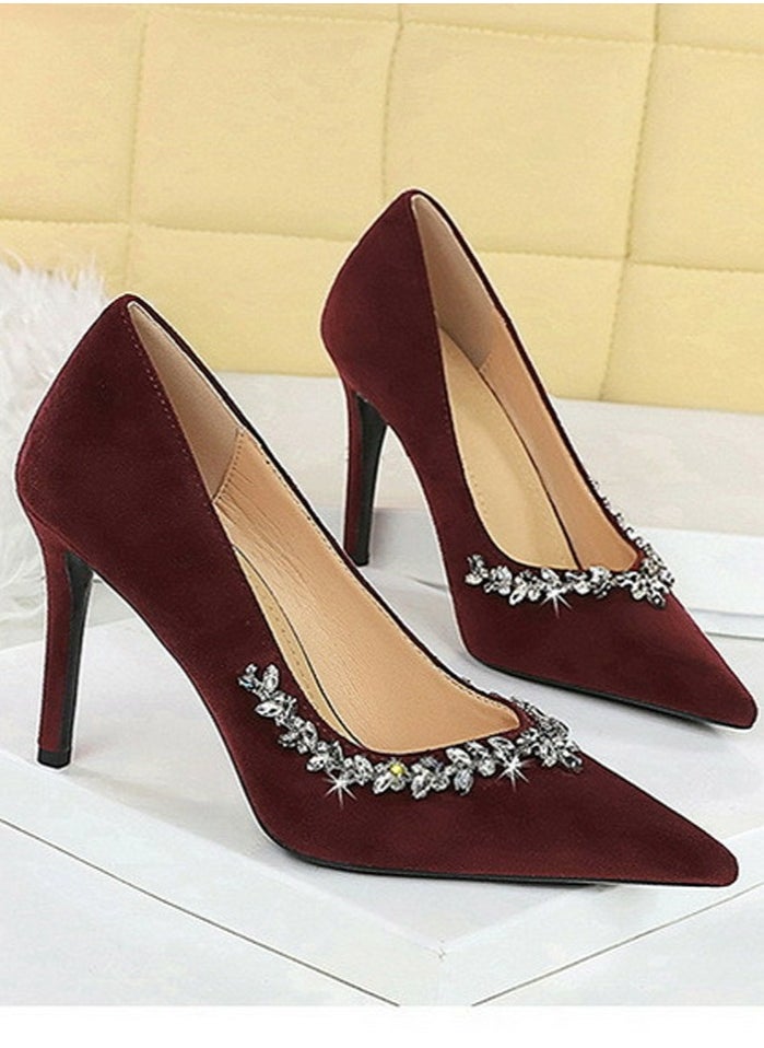 BIGTREE Women's Elegant Closed Pointed Toe High Heels Rhinestone Decoration  Stiletto Pumps Wine Red 10CM  - Image 2