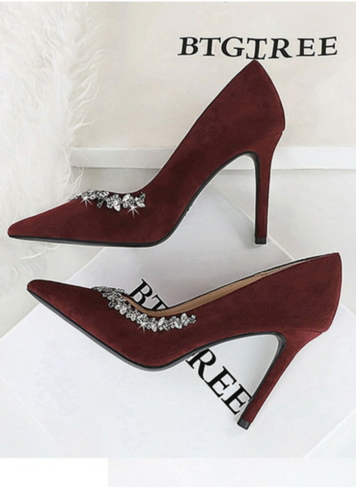 BIGTREE Women's Elegant Closed Pointed Toe High Heels Rhinestone Decoration  Stiletto Pumps Wine Red 10CM  - Image 3