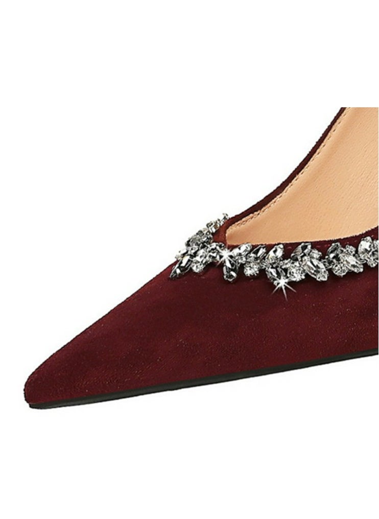 BIGTREE Women's Elegant Closed Pointed Toe High Heels Rhinestone Decoration  Stiletto Pumps Wine Red 10CM  - Image 4