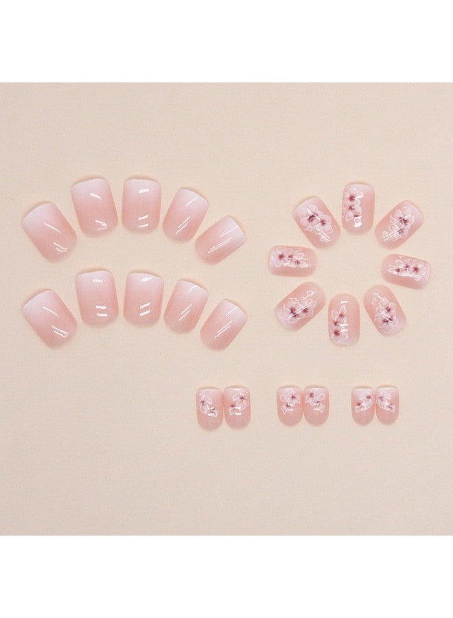 OCOUYVD Short Press On Nails Square Fake Nails With Flower Designs French Gradient False Nails Cute Short Acrylic Press On Nails Glossy Nude Pink Stick On Nails Reusable Artificial Nails For Women Girls - Image 2