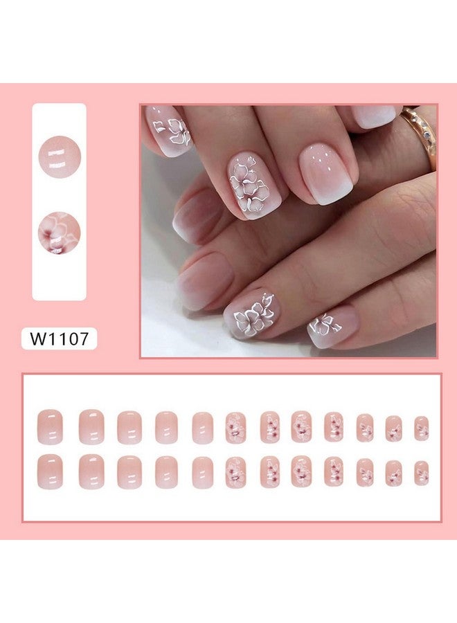 OCOUYVD Short Press On Nails Square Fake Nails With Flower Designs French Gradient False Nails Cute Short Acrylic Press On Nails Glossy Nude Pink Stick On Nails Reusable Artificial Nails For Women Girls - Image 5