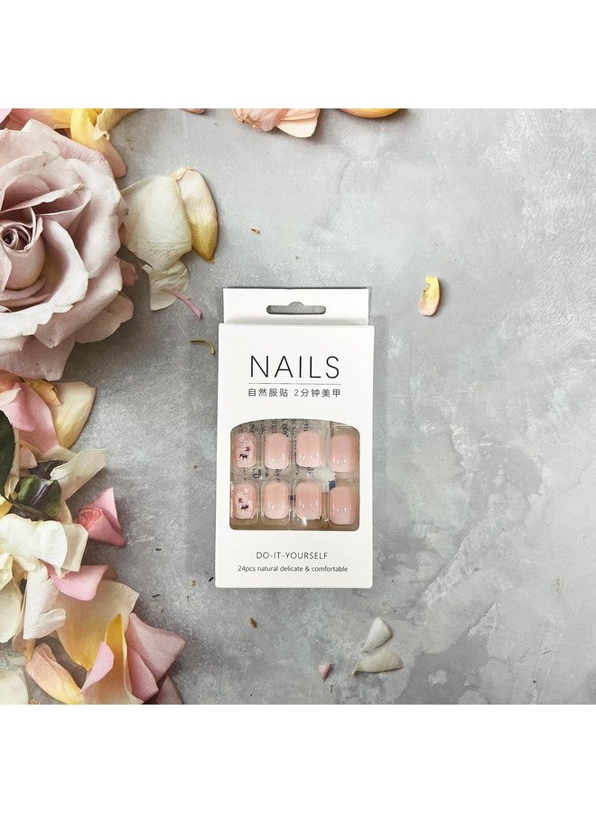 OCOUYVD Short Press On Nails Square Fake Nails With Flower Designs French Gradient False Nails Cute Short Acrylic Press On Nails Glossy Nude Pink Stick On Nails Reusable Artificial Nails For Women Girls - Image 4