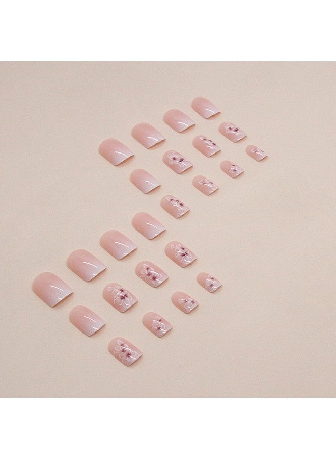 OCOUYVD Short Press On Nails Square Fake Nails With Flower Designs French Gradient False Nails Cute Short Acrylic Press On Nails Glossy Nude Pink Stick On Nails Reusable Artificial Nails For Women Girls - Image 3