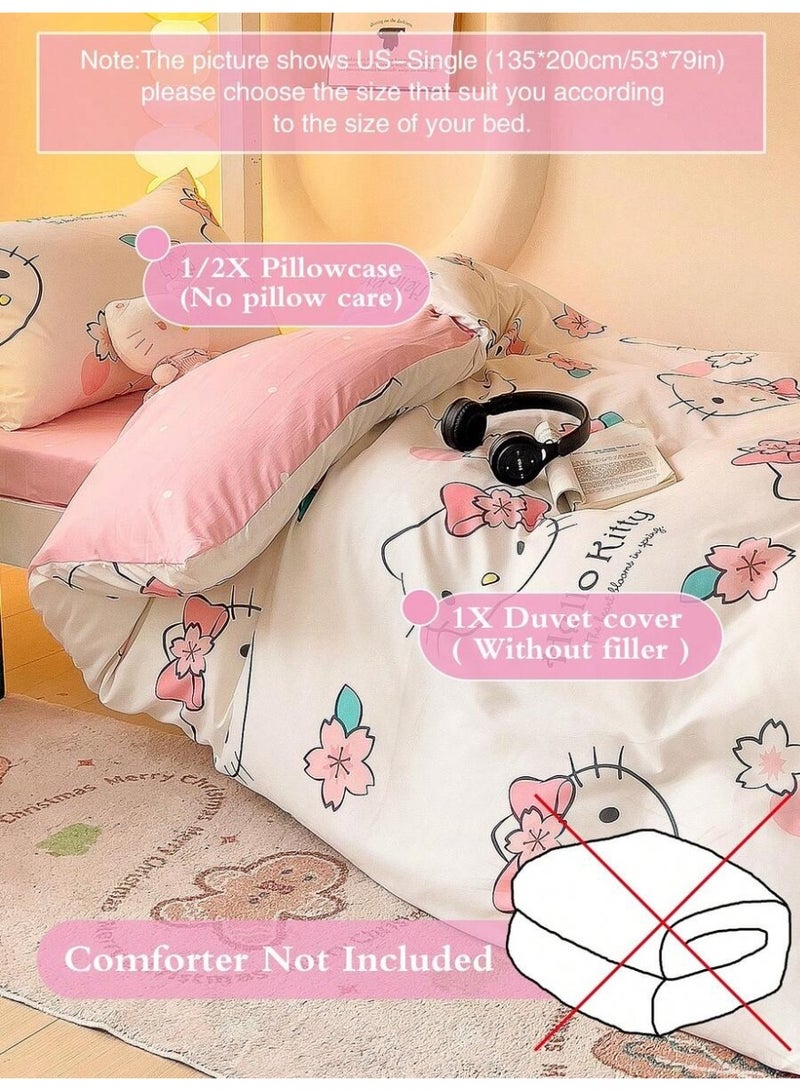 Hello Kitty Sakura Duvet Cover Set – Cute Kawaii Pink Floral Bedding – Soft Pastel Duvet Cover with Pillowcases (Comforter Not Included) - Image 3