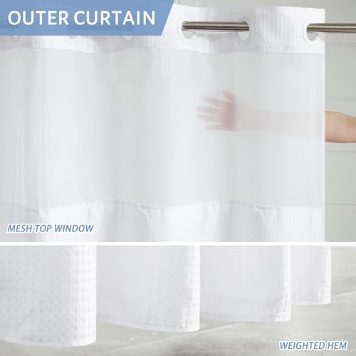 Furlinic Extra Long Waffle Weave No Hook Shower Curtain with Snap in Liner,Heavy Duty Textured Fabric Bathroom Curtains,Hotel Style with Mesh Top Window,Waterproof & Machine Washable,White,71x96. - Image 2