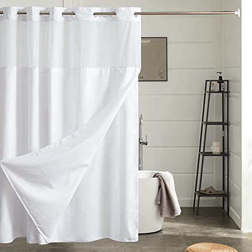 Furlinic Extra Long Waffle Weave No Hook Shower Curtain with Snap in Liner,Heavy Duty Textured Fabric Bathroom Curtains,Hotel Style with Mesh Top Window,Waterproof & Machine Washable,White,71x96. - Image 1