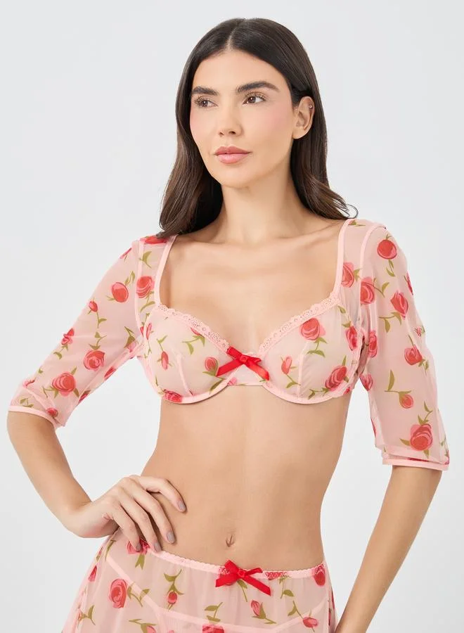 Styli Styli Floral Print 3/4 Sleeve Crop Top with Skirt and Briefs Set