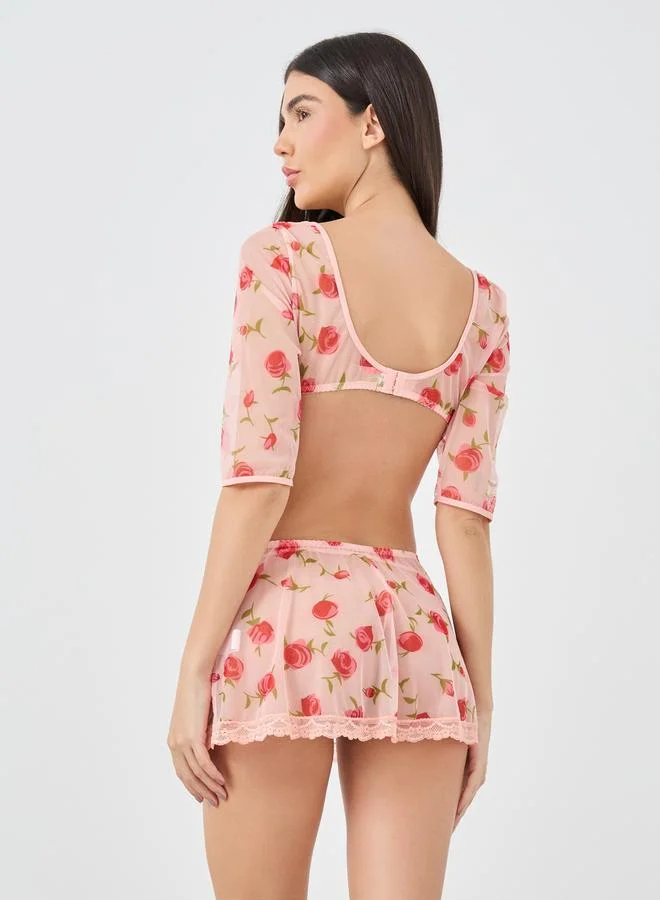 Styli Styli Floral Print 3/4 Sleeve Crop Top with Skirt and Briefs Set