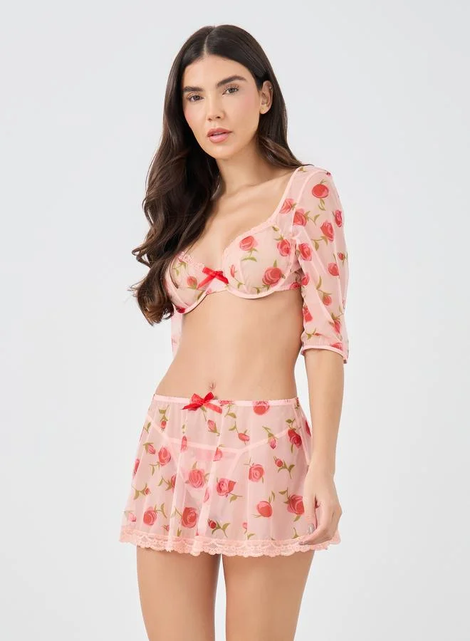 Styli Styli Floral Print 3/4 Sleeve Crop Top with Skirt and Briefs Set