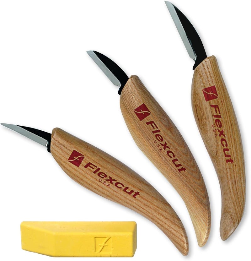 FLEXCUT Wood Carving Knives | Starter Set of 3 Woodcarving Knives | 1095 High Carbon Steel Blades | Ergonomic Ash Wood Handles for Beginners and Hobbyists | KN500 | Made in the U.S.A - Image 1