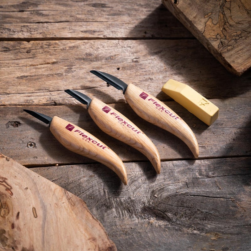 FLEXCUT Wood Carving Knives | Starter Set of 3 Woodcarving Knives | 1095 High Carbon Steel Blades | Ergonomic Ash Wood Handles for Beginners and Hobbyists | KN500 | Made in the U.S.A - Image 5