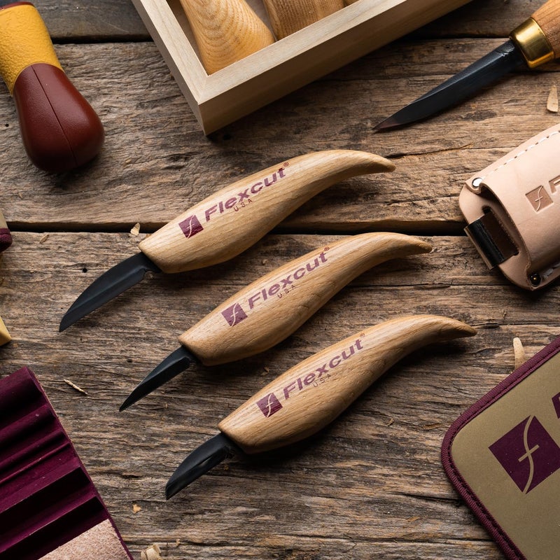 FLEXCUT Wood Carving Knives | Starter Set of 3 Woodcarving Knives | 1095 High Carbon Steel Blades | Ergonomic Ash Wood Handles for Beginners and Hobbyists | KN500 | Made in the U.S.A - Image 3