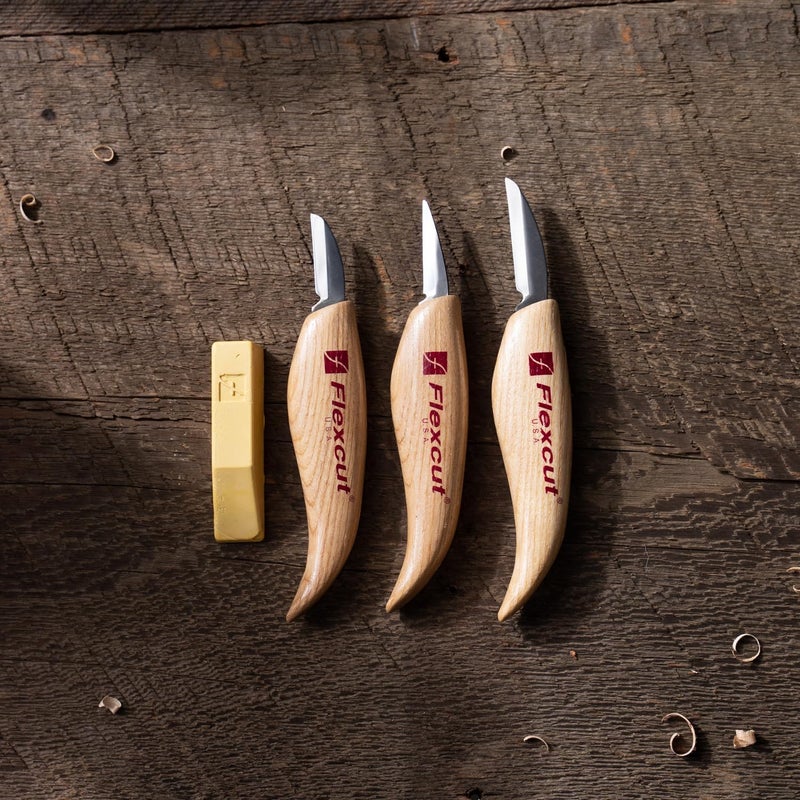 FLEXCUT Wood Carving Knives | Starter Set of 3 Woodcarving Knives | 1095 High Carbon Steel Blades | Ergonomic Ash Wood Handles for Beginners and Hobbyists | KN500 | Made in the U.S.A - Image 4