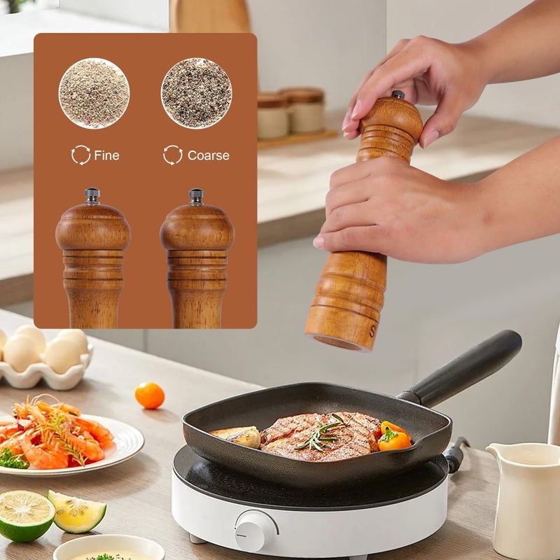 DEBETOOL Wooden Salt and Pepper Grinder Set with Stand - 8-inch Oak Wood Salt Mill Pepper Grinder Set, Adjustable Ceramic Core, 2 Pepper Mills + Wooden Spoon & Cleaning Brush (Kitchen Essential) - Image 3