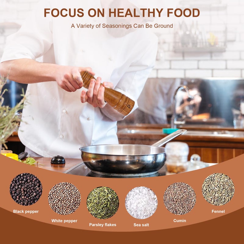 DEBETOOL Wooden Salt and Pepper Grinder Set with Stand - 8-inch Oak Wood Salt Mill Pepper Grinder Set, Adjustable Ceramic Core, 2 Pepper Mills + Wooden Spoon & Cleaning Brush (Kitchen Essential) - Image 4