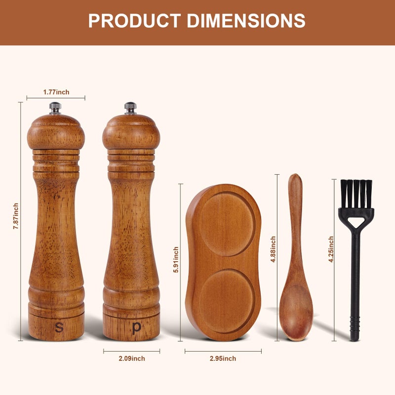 DEBETOOL Wooden Salt and Pepper Grinder Set with Stand - 8-inch Oak Wood Salt Mill Pepper Grinder Set, Adjustable Ceramic Core, 2 Pepper Mills + Wooden Spoon & Cleaning Brush (Kitchen Essential) - Image 2