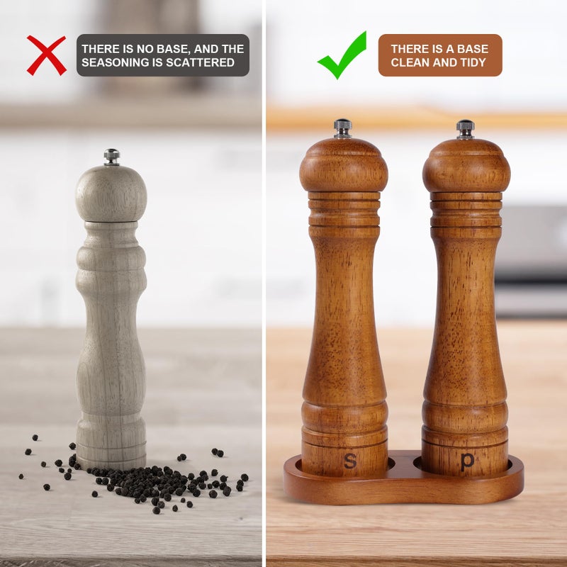 DEBETOOL Wooden Salt and Pepper Grinder Set with Stand - 8-inch Oak Wood Salt Mill Pepper Grinder Set, Adjustable Ceramic Core, 2 Pepper Mills + Wooden Spoon & Cleaning Brush (Kitchen Essential) - Image 5