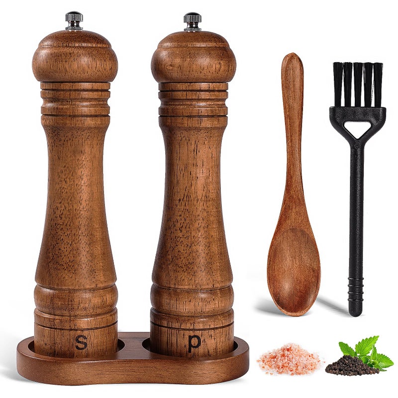 DEBETOOL Wooden Salt and Pepper Grinder Set with Stand - 8-inch Oak Wood Salt Mill Pepper Grinder Set, Adjustable Ceramic Core, 2 Pepper Mills + Wooden Spoon & Cleaning Brush (Kitchen Essential) - Image 1