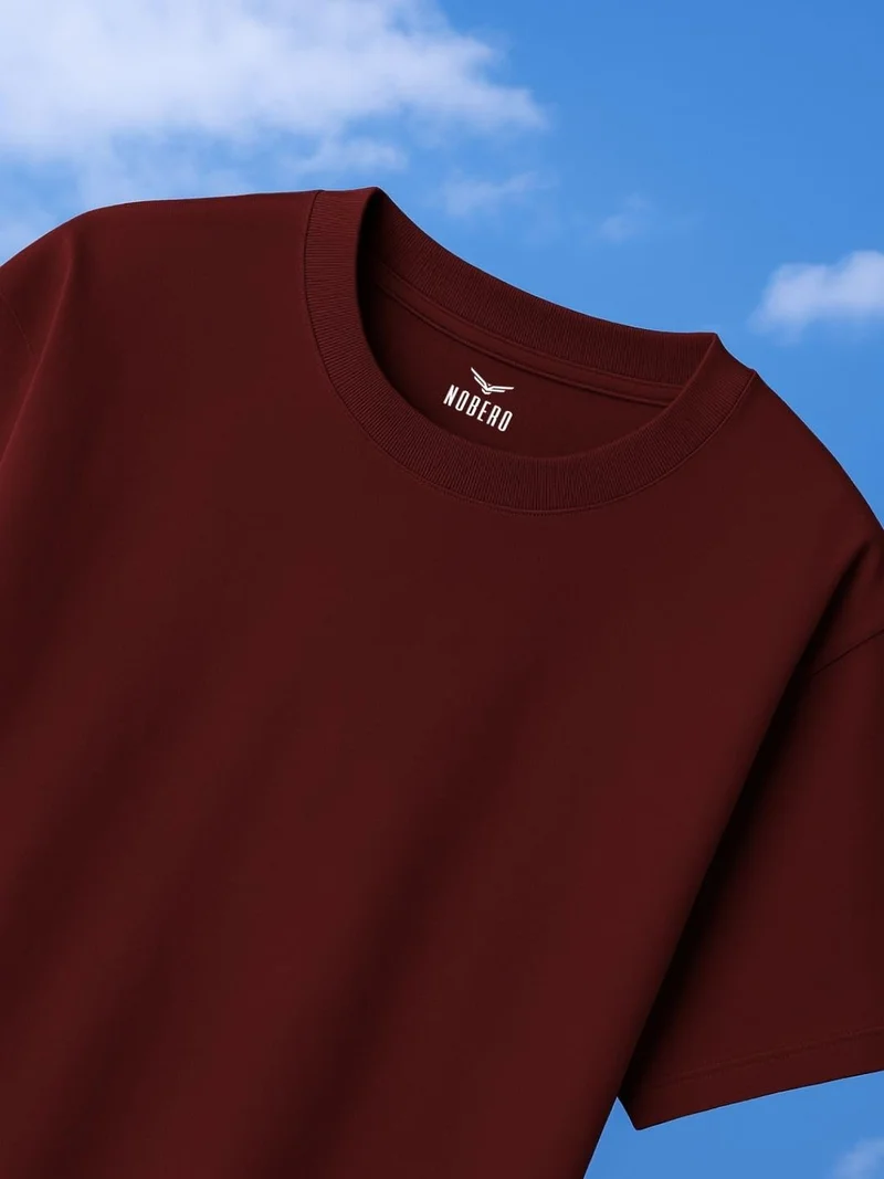 نوبيرو Men's Burgundy Oversized Cotton T-Shirt