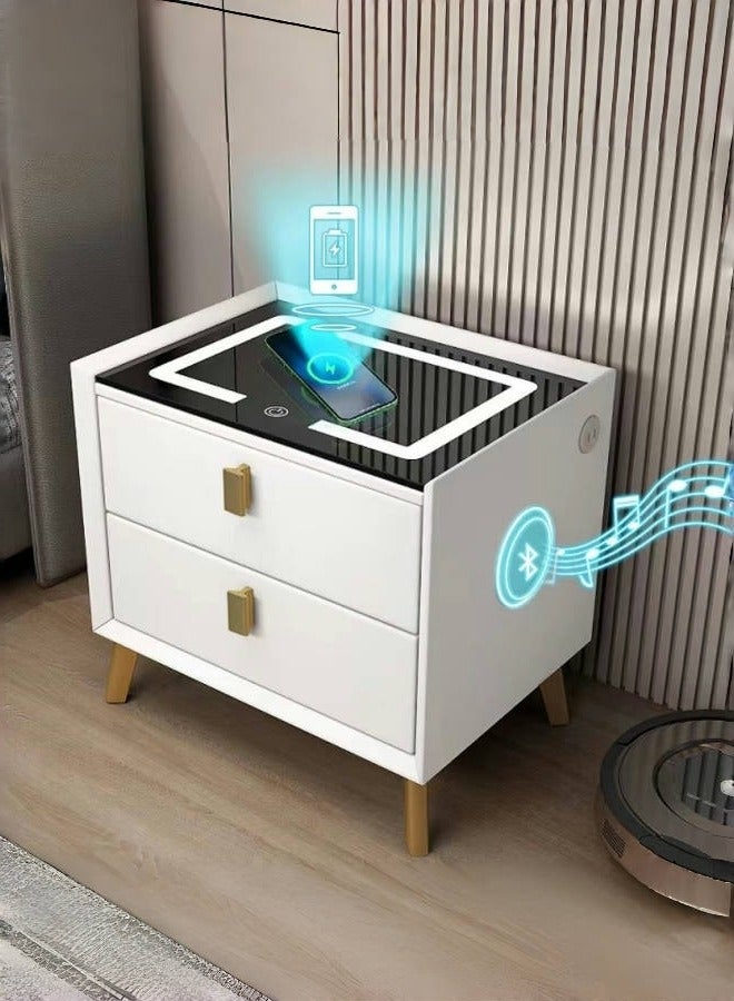 الأمويلات طاولات جانبية طاولة سرير ذكية مقاس 50×40×46سم – شحن لاسلكي، سماعة بلوتوث، إضاءة 3 ألوان وإدراج خشب كبيرة درجان – كومدينه أنيق مع تسريحة غرفة نوم عصرية – كمدينة بجانب السرير - Image 1