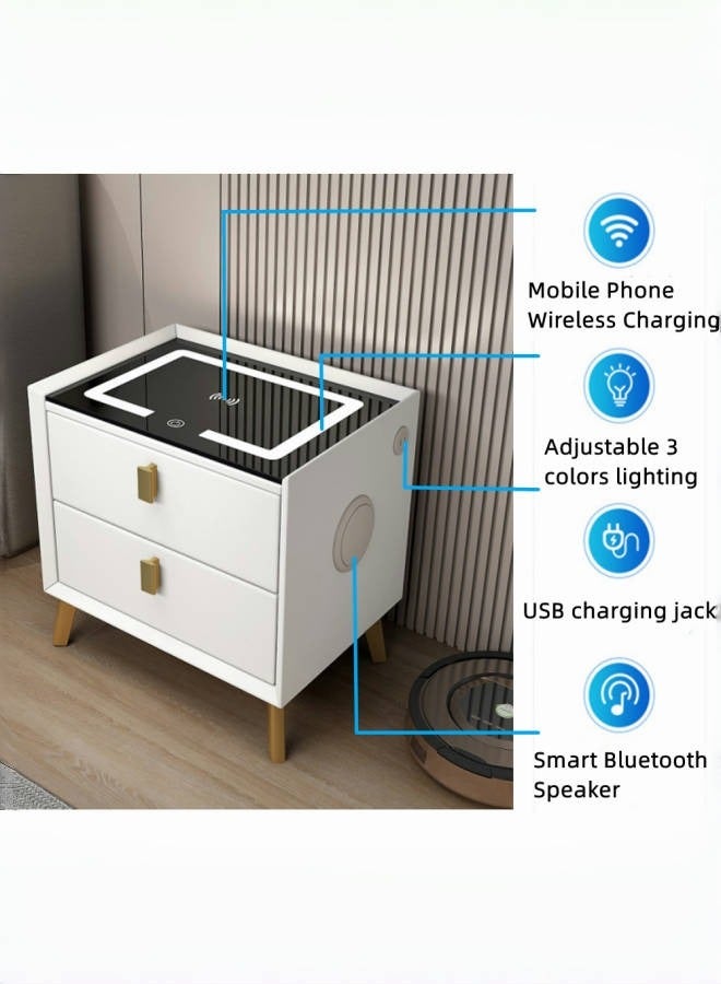 الأمويلات طاولات جانبية طاولة سرير ذكية مقاس 50×40×46سم – شحن لاسلكي، سماعة بلوتوث، إضاءة 3 ألوان وإدراج خشب كبيرة درجان – كومدينه أنيق مع تسريحة غرفة نوم عصرية – كمدينة بجانب السرير - Image 3