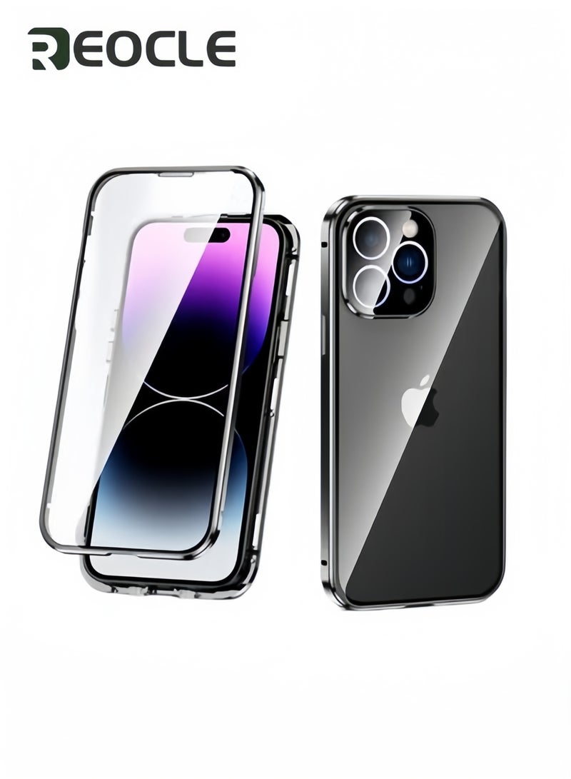 REOCLE Case for iPhone 14 Double Side Buckle Glass Case with Camera Lens Protector Full Body Protective Metal Bumper Anti Peep Cover - Image 1