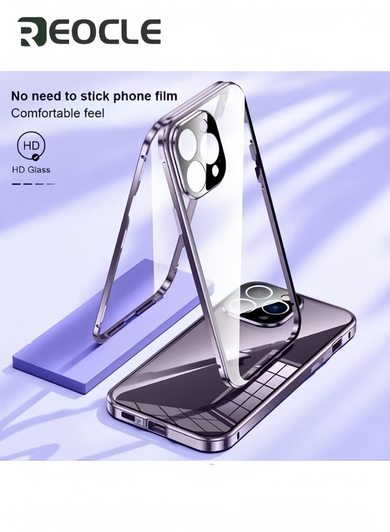 REOCLE Case for iPhone 14 Double Side Buckle Glass Case with Camera Lens Protector Full Body Protective Metal Bumper Anti Peep Cover - Image 5
