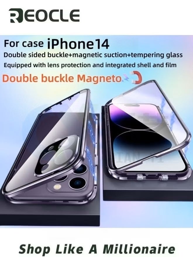REOCLE Case for iPhone 14 Double Side Buckle Glass Case with Camera Lens Protector Full Body Protective Metal Bumper Anti Peep Cover - Image 2