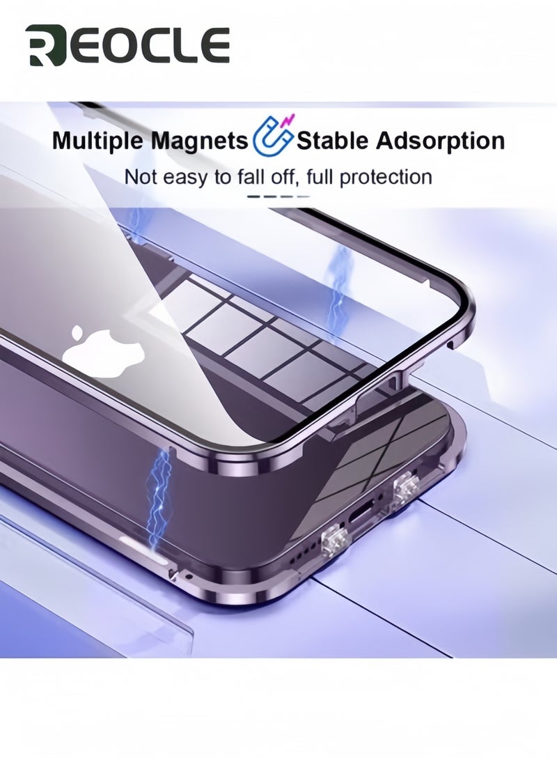 REOCLE Case for iPhone 14 Double Side Buckle Glass Case with Camera Lens Protector Full Body Protective Metal Bumper Anti Peep Cover - Image 3