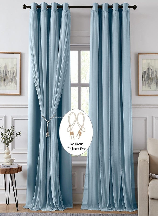 Swandream 100% Blackout Curtains for Bedroom, Double Layer Blue Curtains, Black Out Curtain 84 inch Long with Sheer Overlay for Living Room, Room Darkening Window Drapes with Grommet, 52" W x 84" L - Image 2