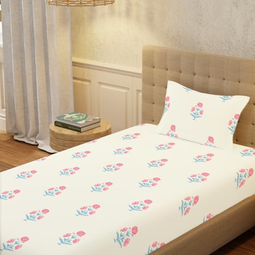 Urban Space Serene 200 TC 100% Cotton Bedsheet for Single Bed with 1 Pillow Cover, Single bedsheet (Sunflower - Pomegranate Pink, Size 58 x 90 inches) - Image 1
