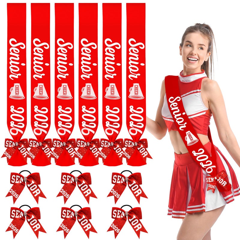 Vinsatin 6 Set Senior Sash 2026 Sport Satin Sash Glitter Cheer Hair Bow Senior Night Decor Cheerleader Gift Girl(Red) - Image 1