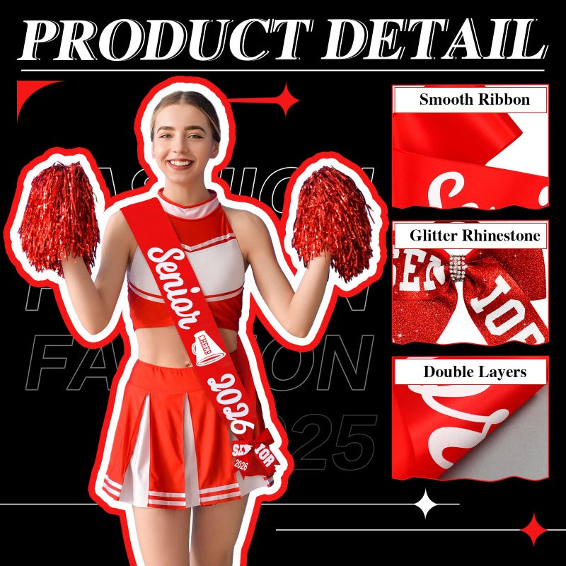 Vinsatin 6 Set Senior Sash 2026 Sport Satin Sash Glitter Cheer Hair Bow Senior Night Decor Cheerleader Gift Girl(Red) - Image 3