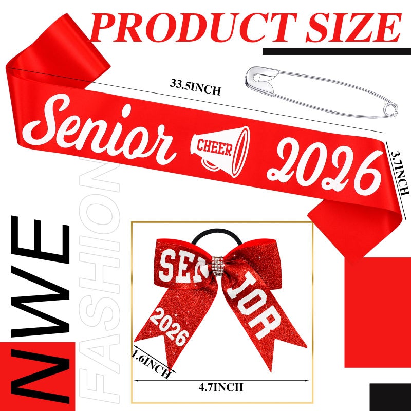 Vinsatin 6 Set Senior Sash 2026 Sport Satin Sash Glitter Cheer Hair Bow Senior Night Decor Cheerleader Gift Girl(Red) - Image 2