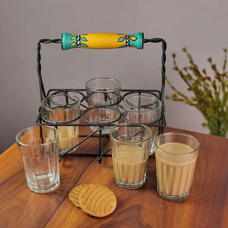 ARTYSTA BEAUTIFYING LIVES ARTYSTA Green Leaflet Premium Cutting Chai Glass Set with Stand 61 Traditional Tea Glasses with Handpainted Iron Stand Dhaba Style Tea Serving Set 120ml - Image 1