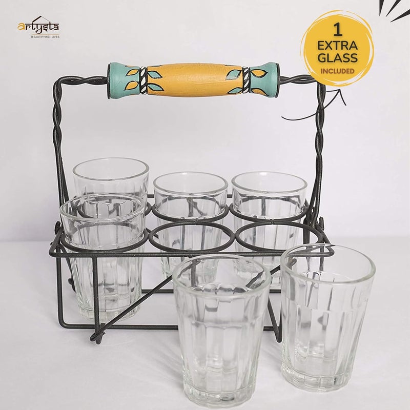 ARTYSTA BEAUTIFYING LIVES ARTYSTA Green Leaflet Premium Cutting Chai Glass Set with Stand 61 Traditional Tea Glasses with Handpainted Iron Stand Dhaba Style Tea Serving Set 120ml - Image 2